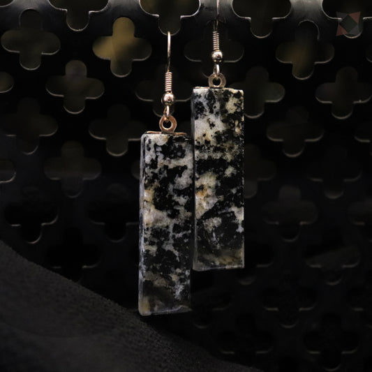 Pair of rectangular earrings with a speckled pattern on a textured black background