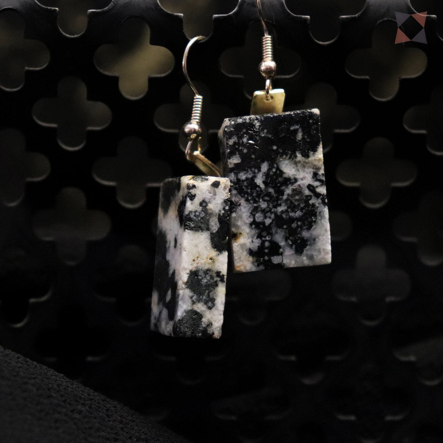 Pair of earrings with black and white stone-like pendants on a dark background