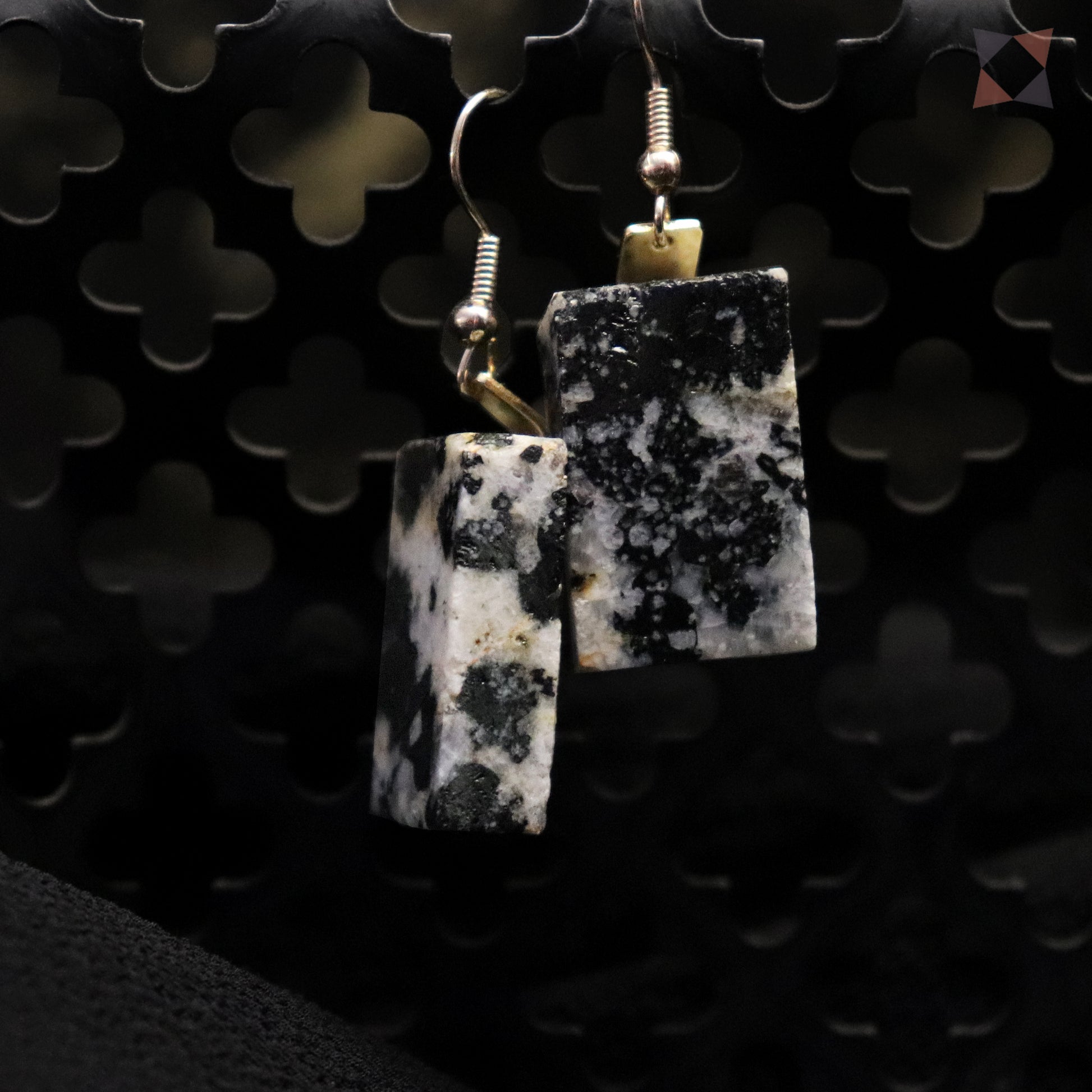 Pair of earrings with black and white stone-like pendants on a dark background